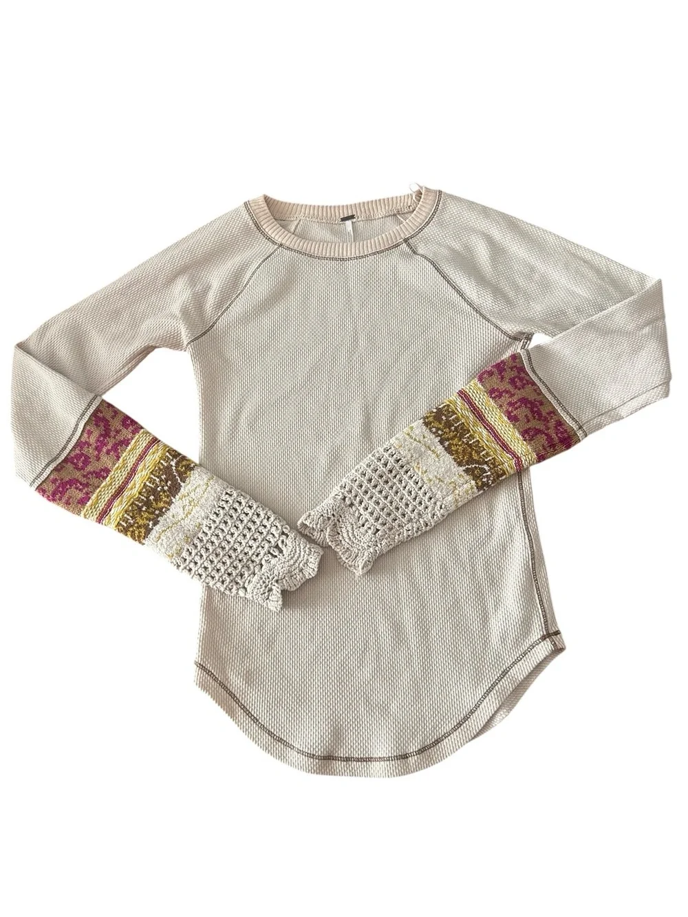 NFS Free People In The Mix Cuff Thermal Top Cream Linen Combo Knit Sz Small